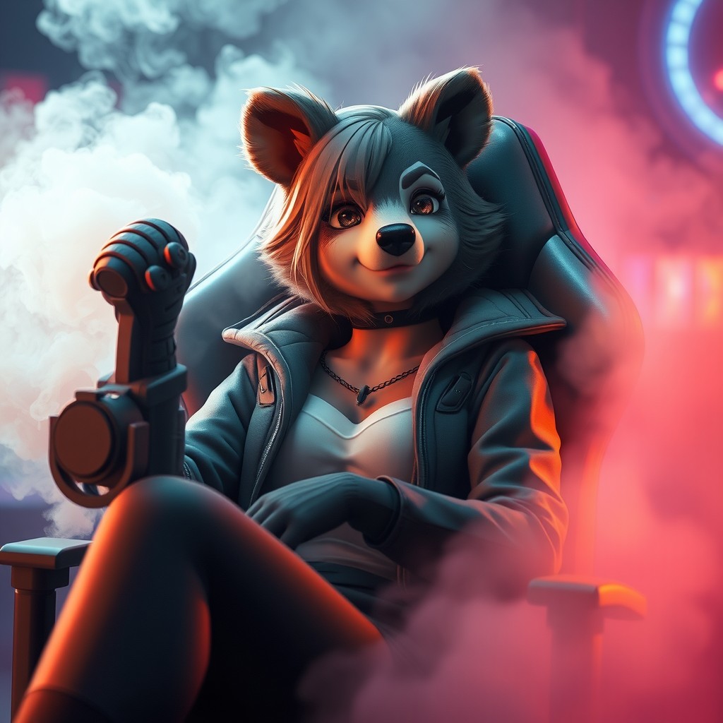 A female bear-human hybrid named Milva, with distinct yet subtly human-like facial features, sitting confidently in a stylish gaming chair