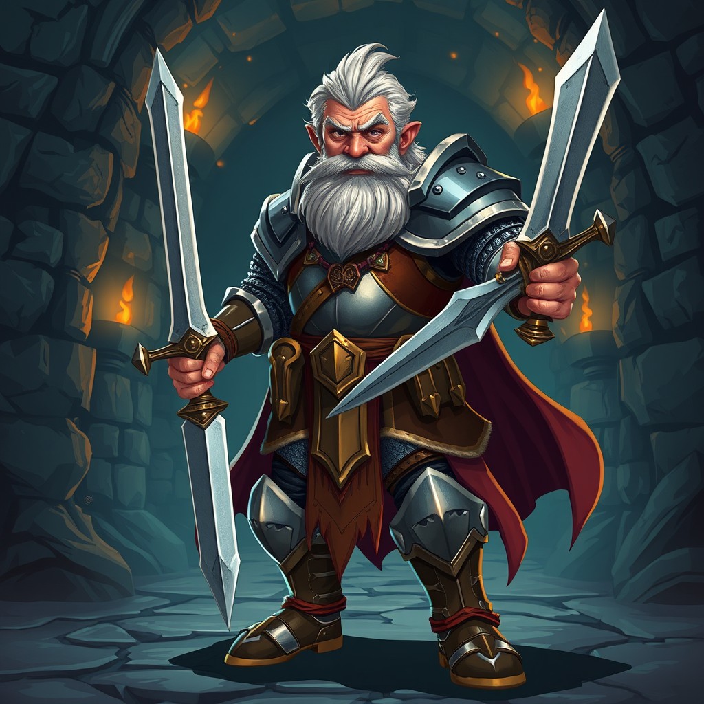 A full-body character design of an old knight in medieval armor, illustrated in a vibrant game style, showcasing him in an action-packed fighting stance