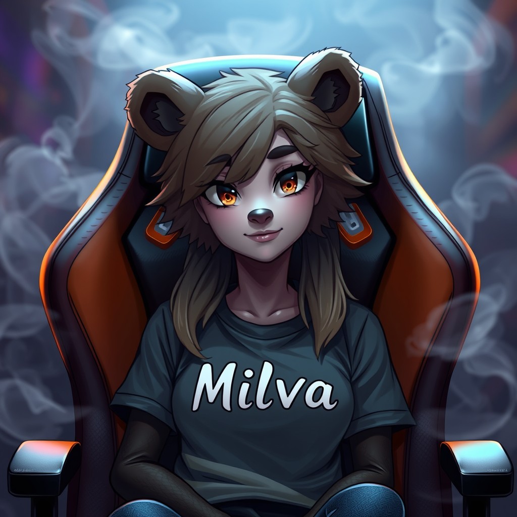 A female anthropomorphic bear character, gradually morphing into a human at the face, displaying detailed human-like features integrated with her bear characteristics