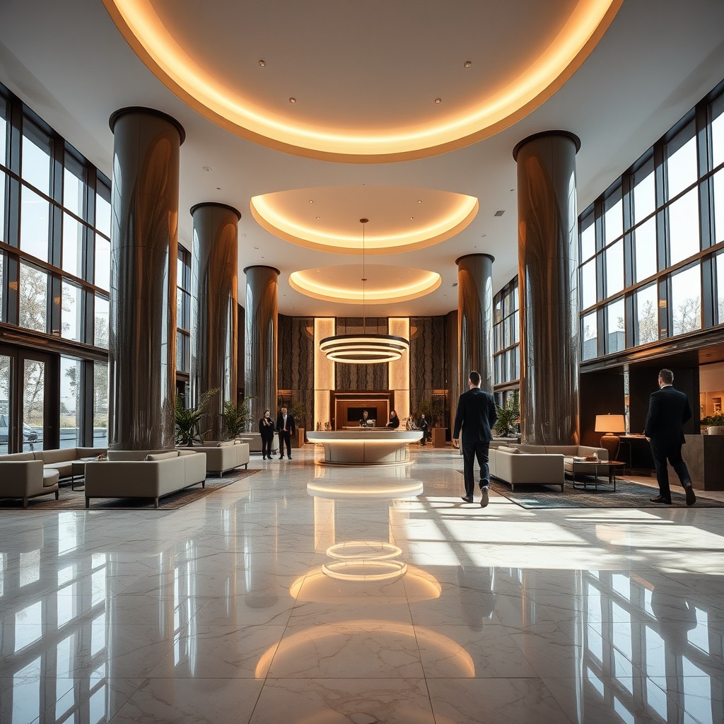 A luxurious hotel lobby featuring a modern design with a spacious layout