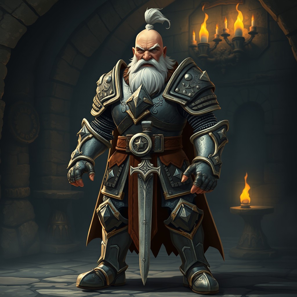 A full-body character of an old knight wearing intricate medieval armor, designed in a stylized game-like fashion