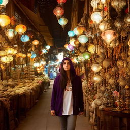 A beautiful teenage Turkish girl in a hoodie walking through a traditional Indonesian market.