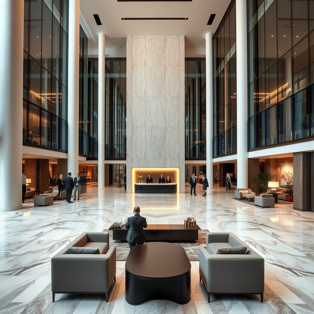 A luxurious modern hotel lobby featuring a marble floor and high glass walls, with a spacious layout