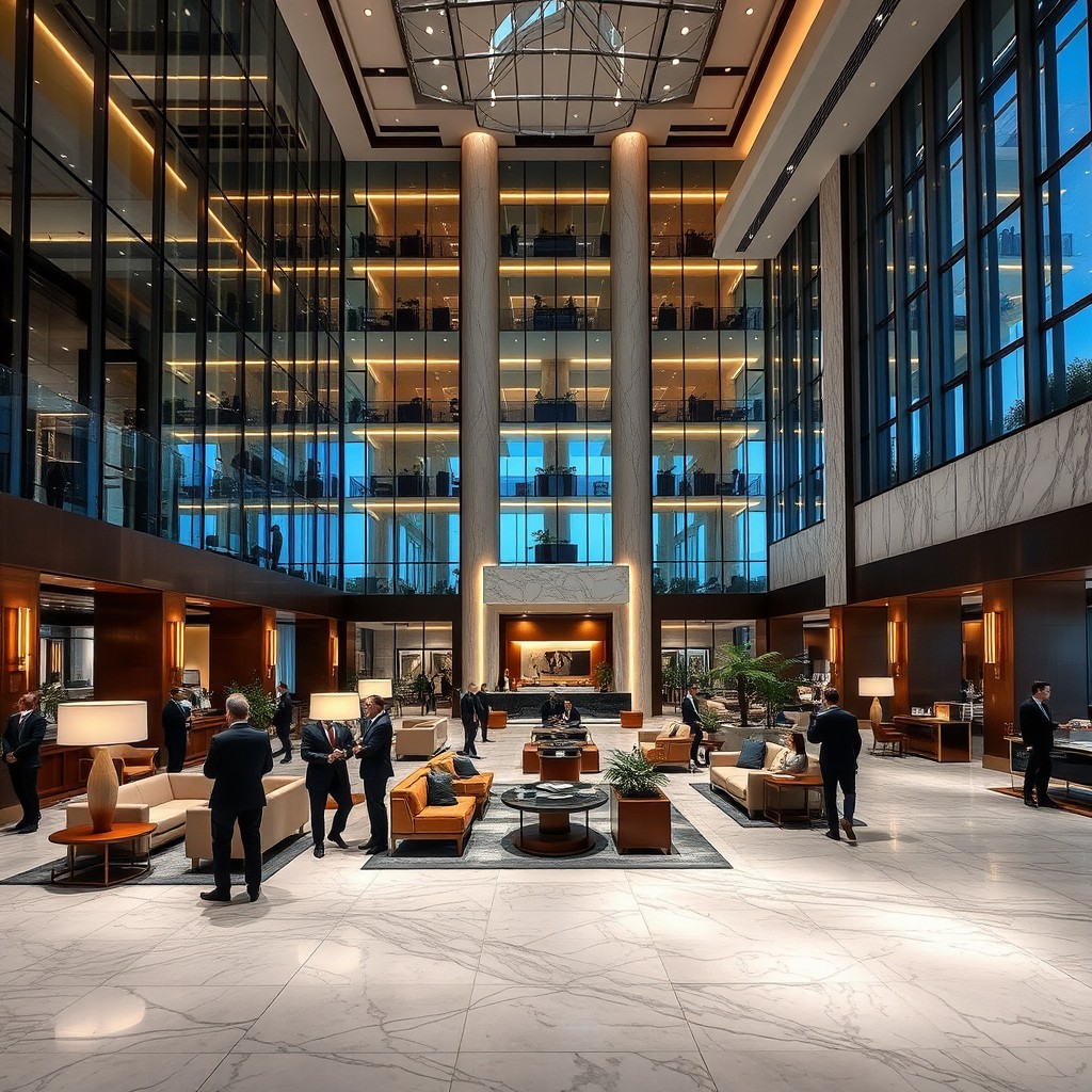 A luxurious hotel lobby in a modern style, featuring a grand view with glass walls and exquisite marble flooring