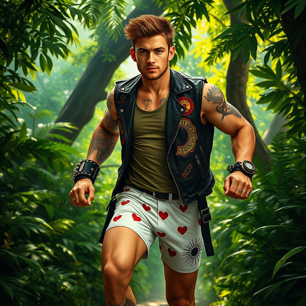 A realistic scene depicting a handsome man running through a lush green jungle