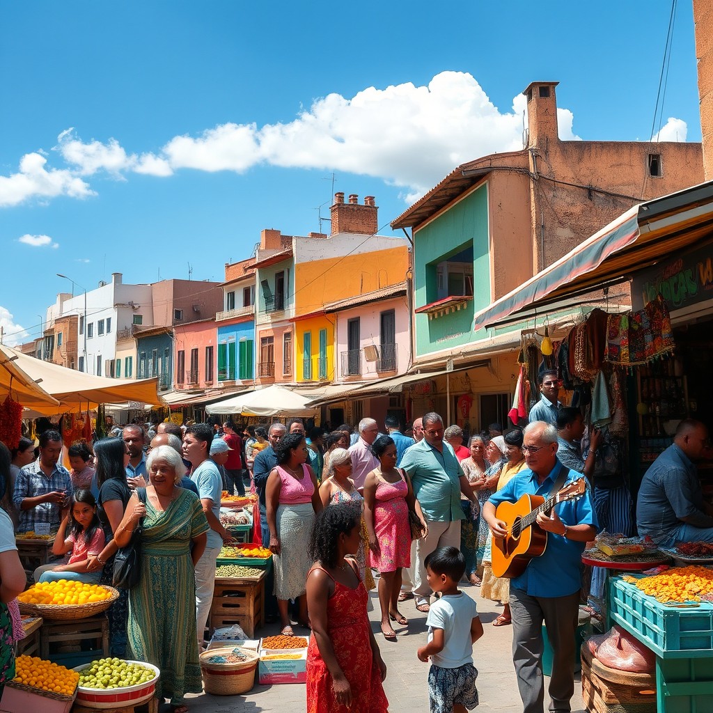 A vibrant street market scene during a sunny day, bustling with activity and color