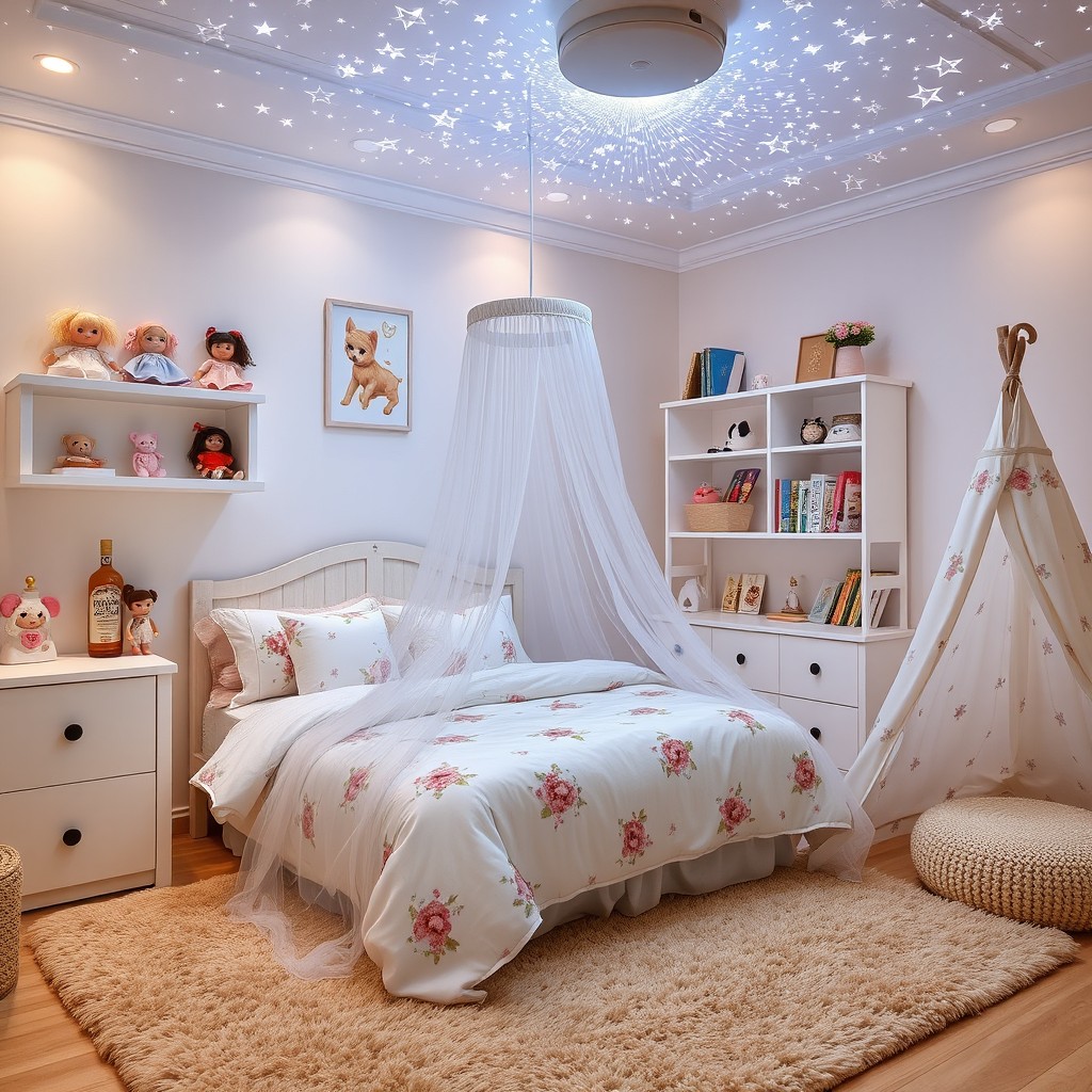 A beautifully decorated bedroom for a 3-year-old girl featuring a soft bed adorned with floral patterns and a delicate veil draped over it