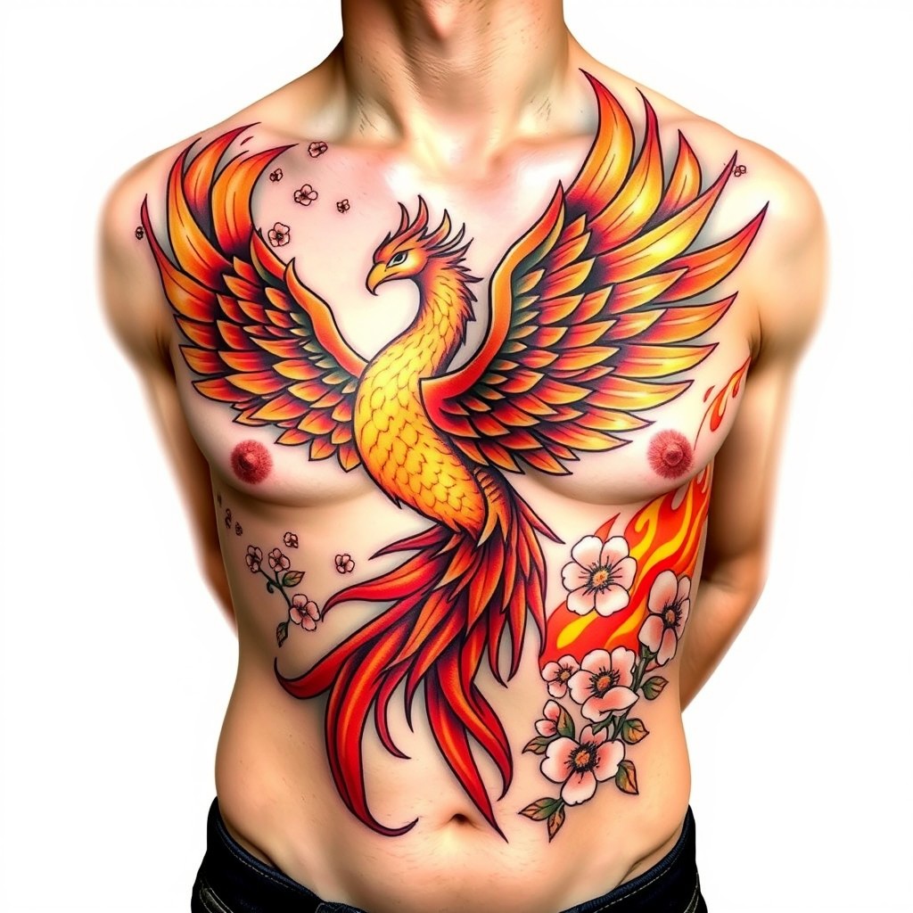 A striking tattoo design for a chest piece, featuring a majestic phoenix rising from flames, symbolizing rebirth and transformation