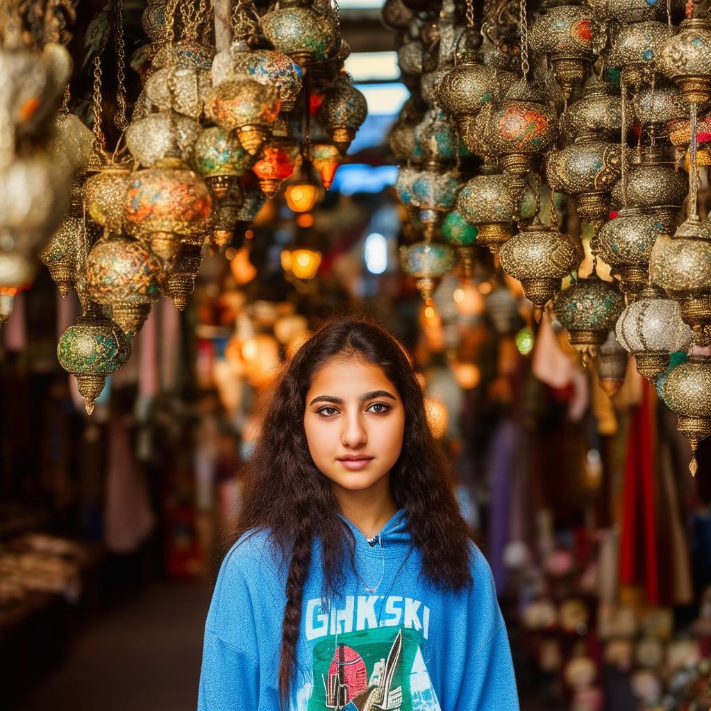 A beautiful teenage Turkish girl in a hoodie walking through a traditional Indonesian market.