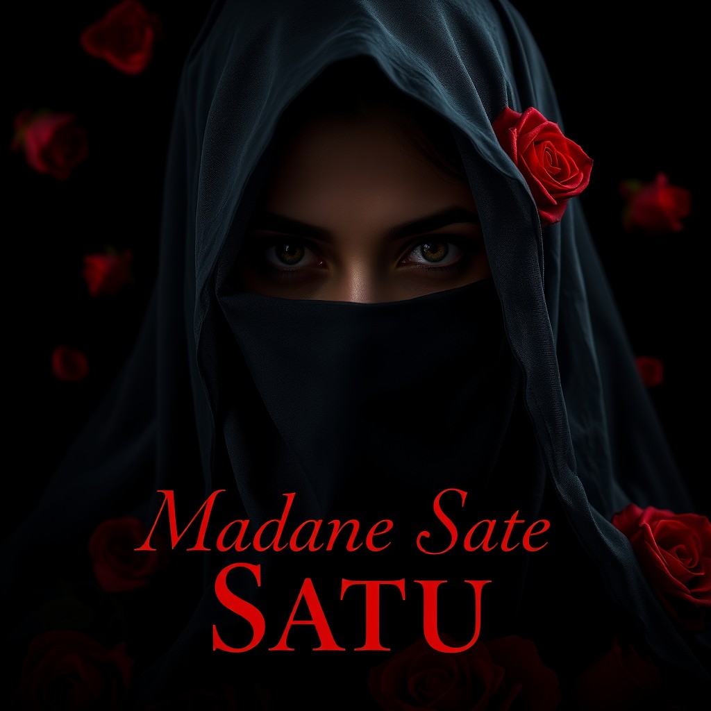 A striking image featuring a woman shrouded in a veil, with only her enigmatic, deep, hypnotic eyes visible