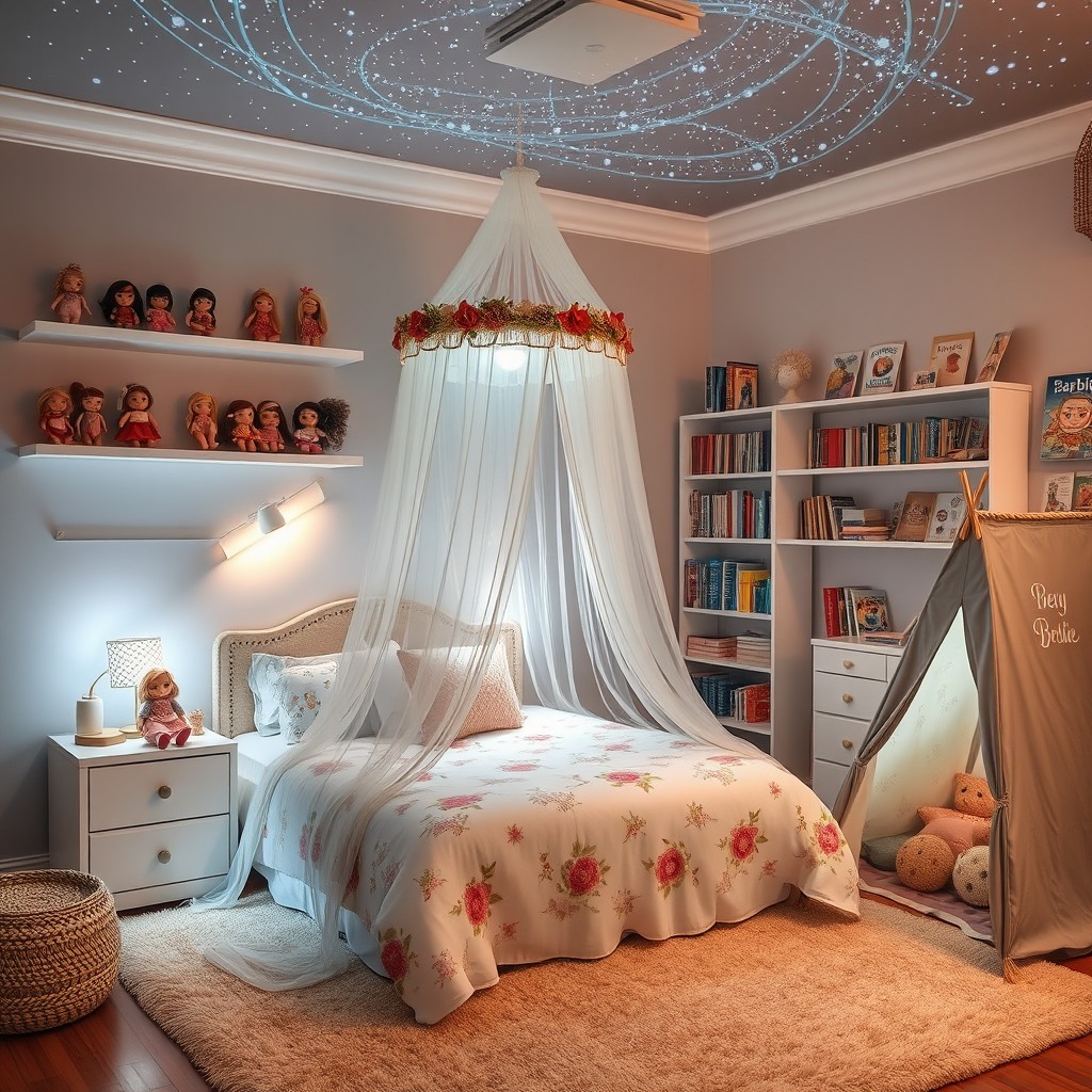 A beautifully designed bedroom for a young girl featuring a bed with a charming canopy adorned with floral patterns and a soft veil draped over it