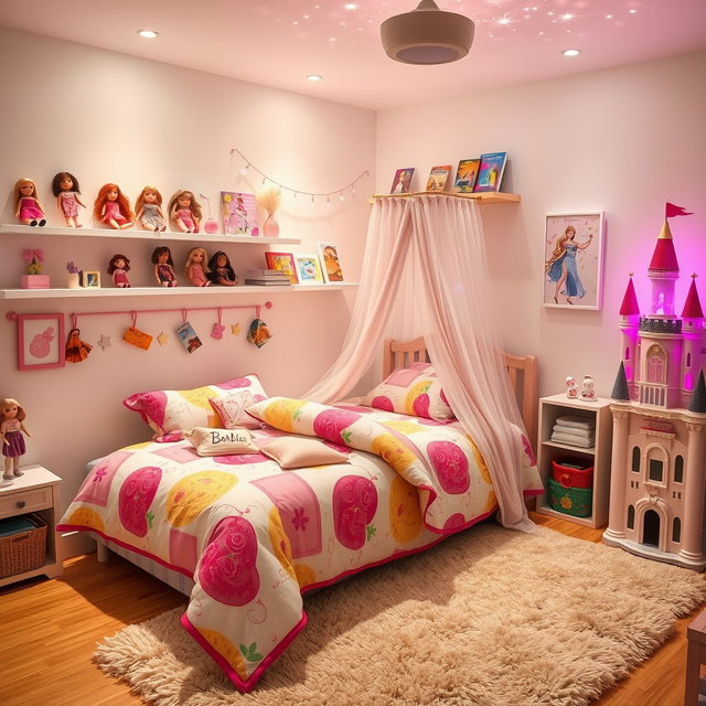 A charming bedroom for a young girl featuring a bed dressed with a colorful Barbie-themed quilt and a soft veil draped over it