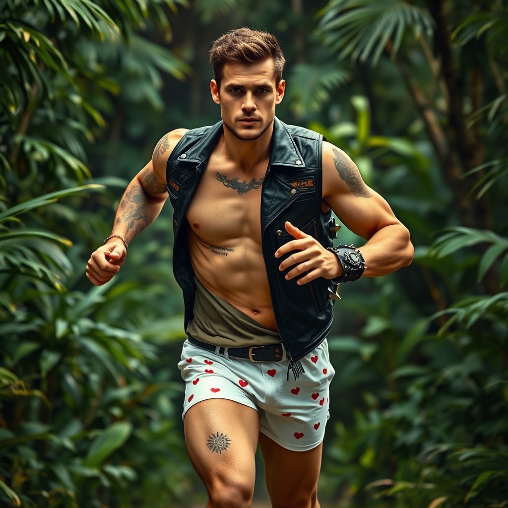 A realistic scene of a tall, muscular man running through a lush jungle