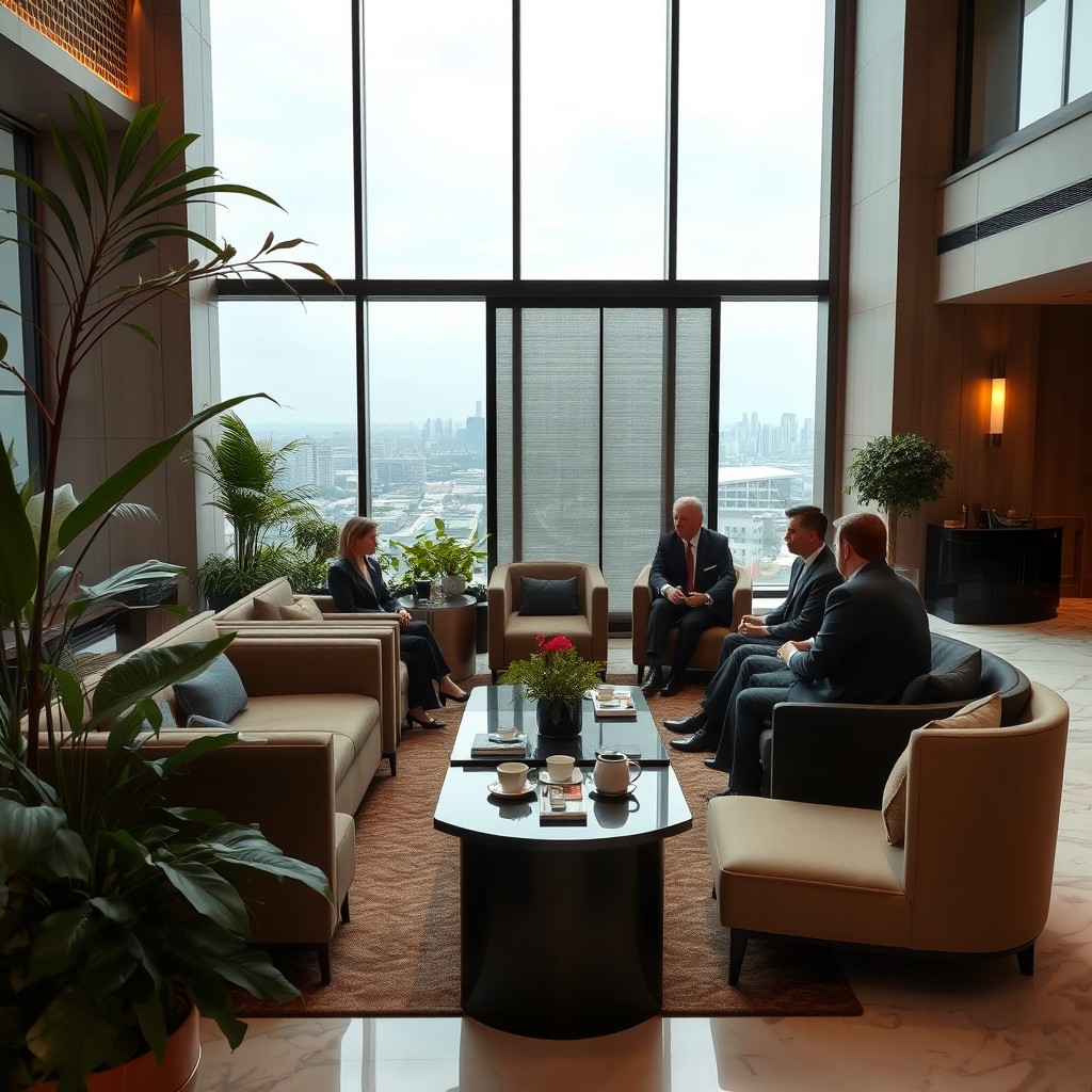 A sophisticated hotel conference room set in a business district, featuring a stylish arrangement of lounge sofas for informal meetings
