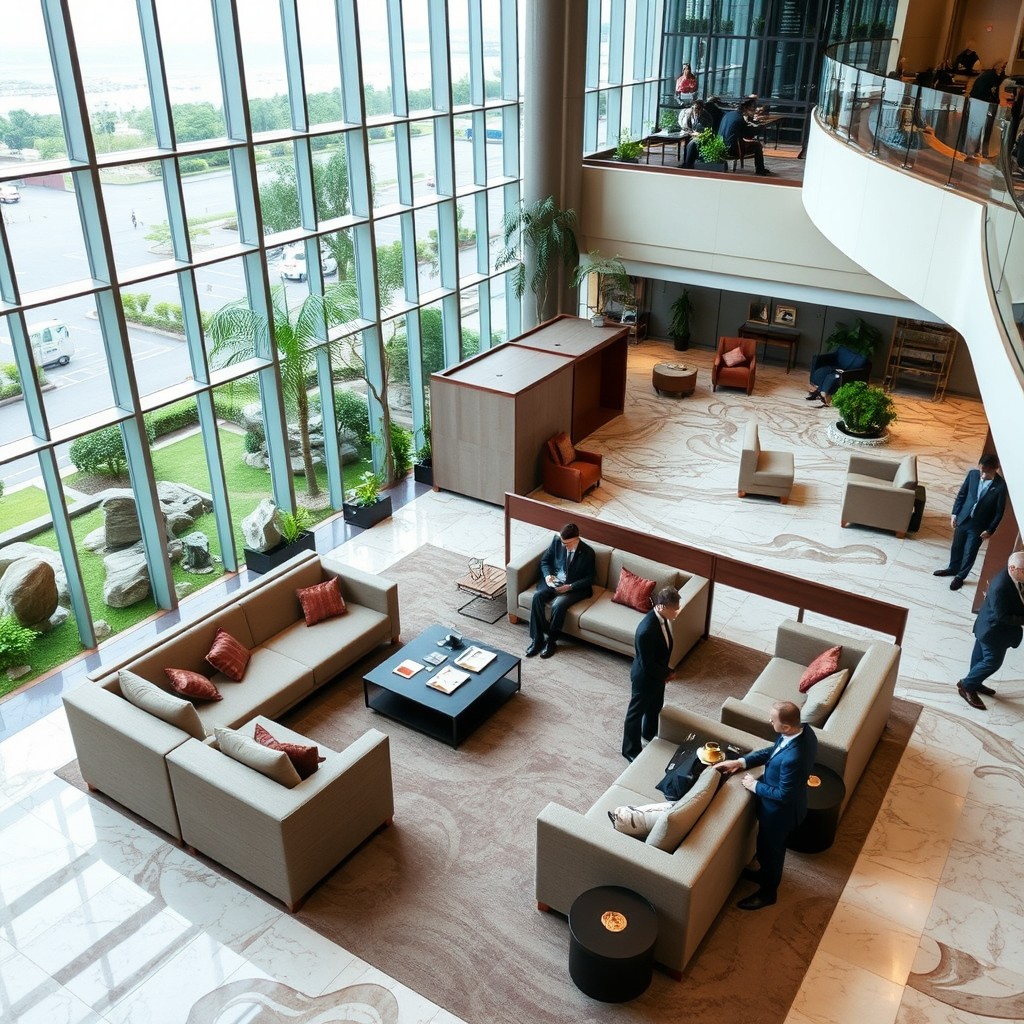A stylish hotel business area with multiple groupings of comfortable lounge sofas designed for meetings