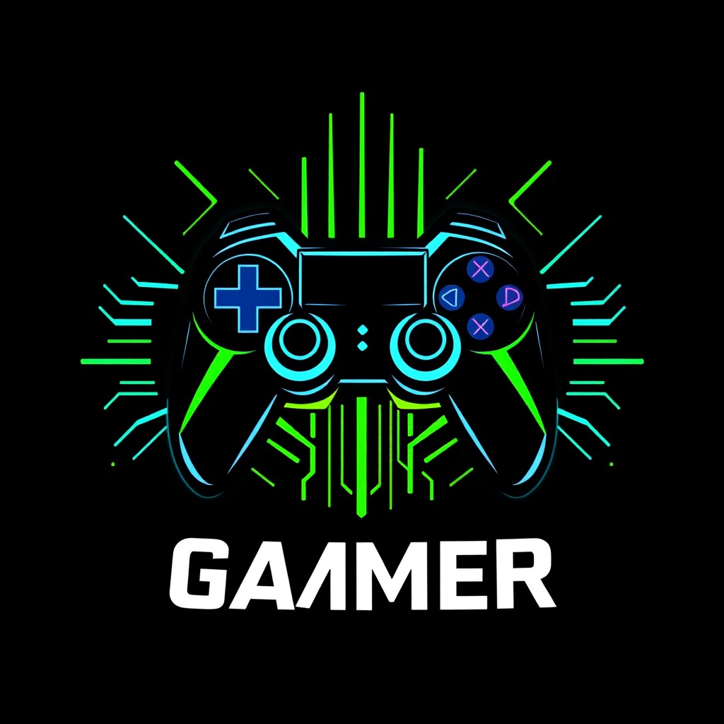 A sleek and modern gamer logo featuring a stylized game controller at the center, with vibrant colors such as electric blue and neon green