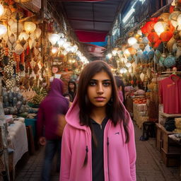 A beautiful teenage Turkish girl in a hoodie walking through a traditional Indonesian market.