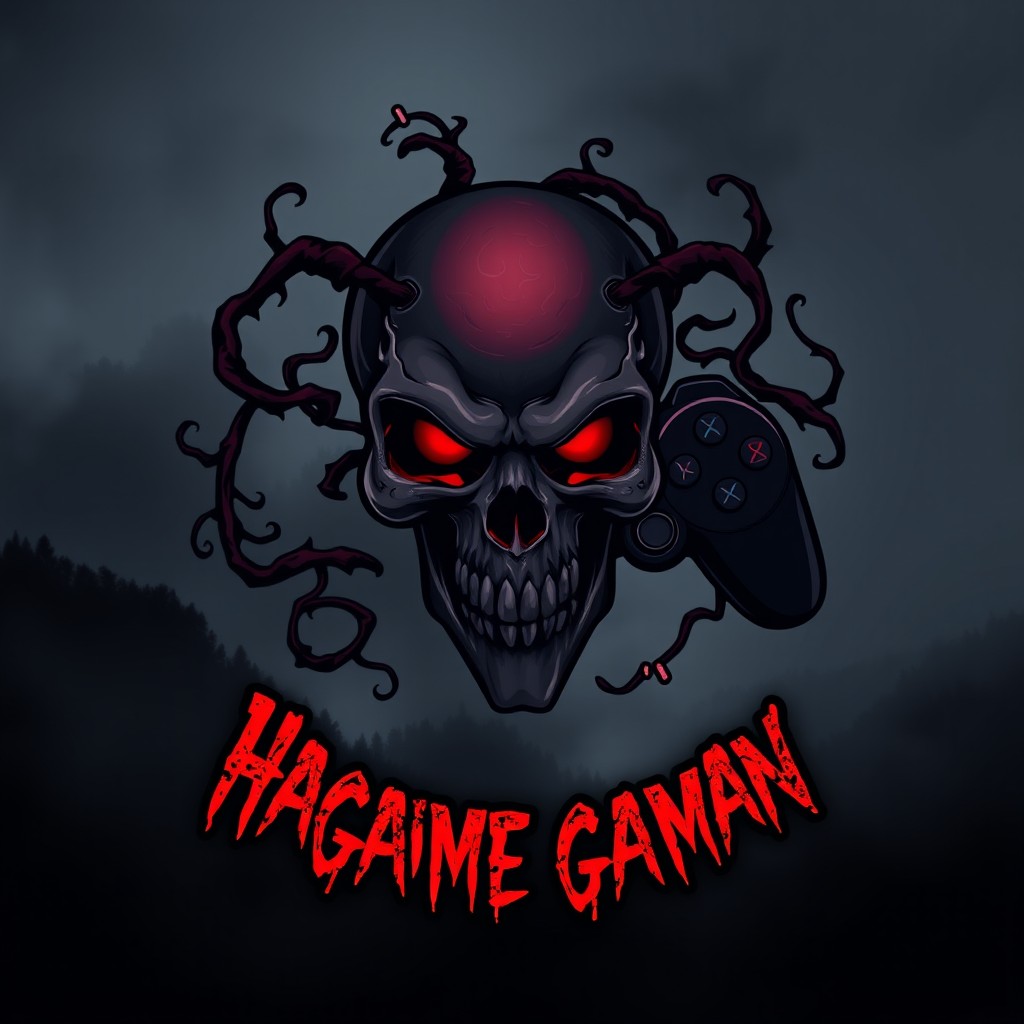 A dark and creepy gamer logo featuring a sinister skull integrated with a game controller, showcasing red and black tones