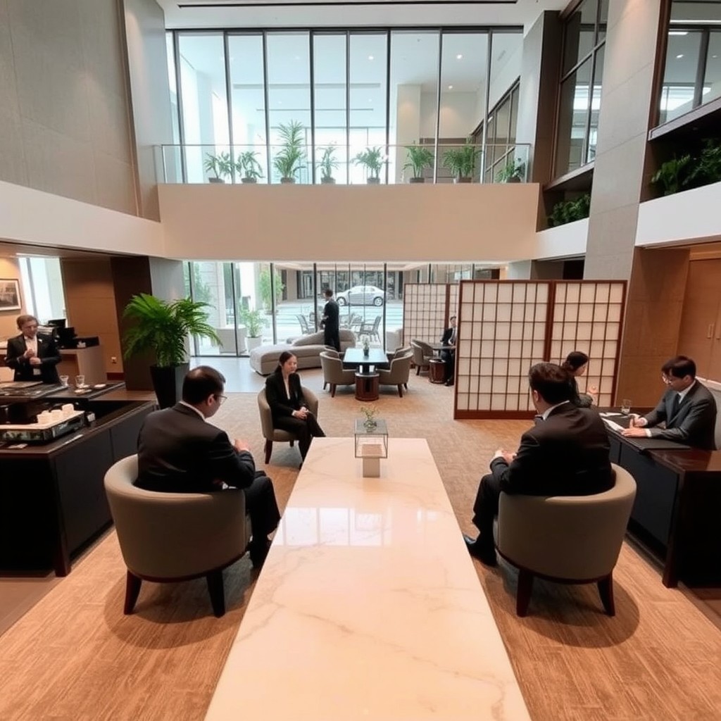 A modern hotel business area featuring two sets of casual sofa group meetings and two Japanese-style semi-partitioned meeting areas
