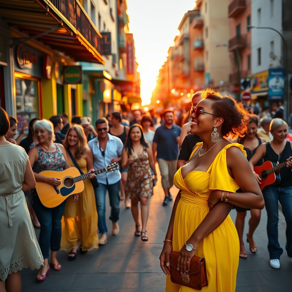 A vibrant and dynamic city street during sunset, with a diverse group of people enjoying the evening, showcasing various cultures