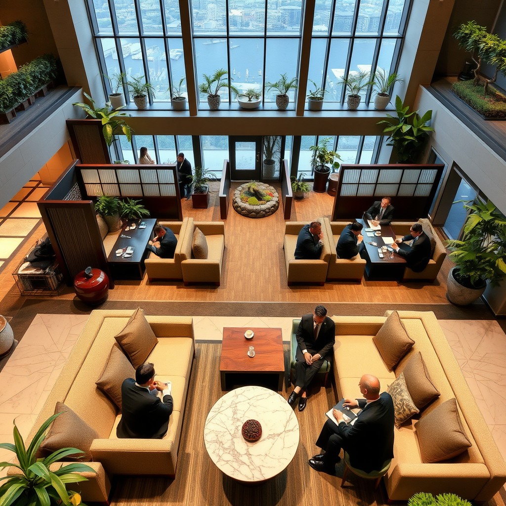 A stylish hotel business area featuring three sets of casual sofa groupings arranged for meetings, with two sets of Japanese-style semi-partitioned meeting areas
