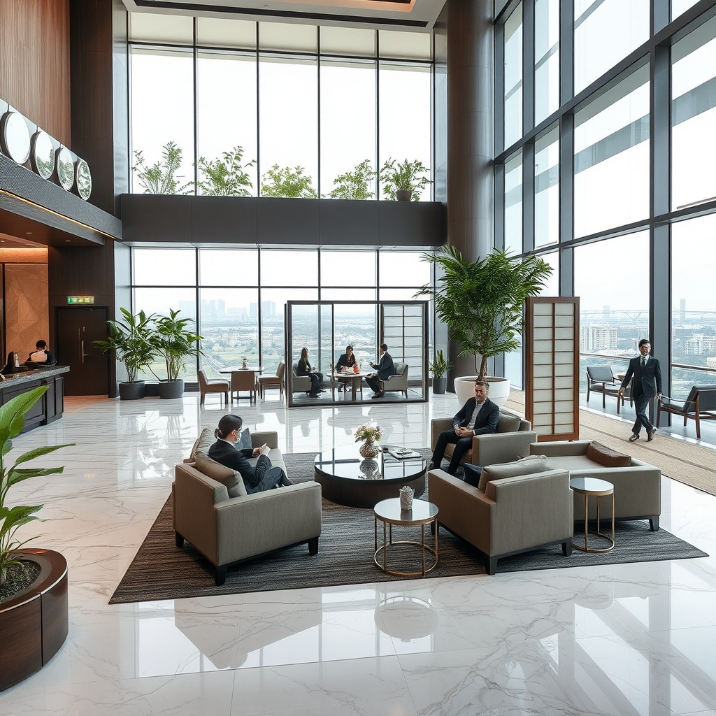 A sophisticated hotel business area featuring three clusters of casual sofas arranged for a meeting, alongside two Japanese-style semi-partitioned meeting spaces