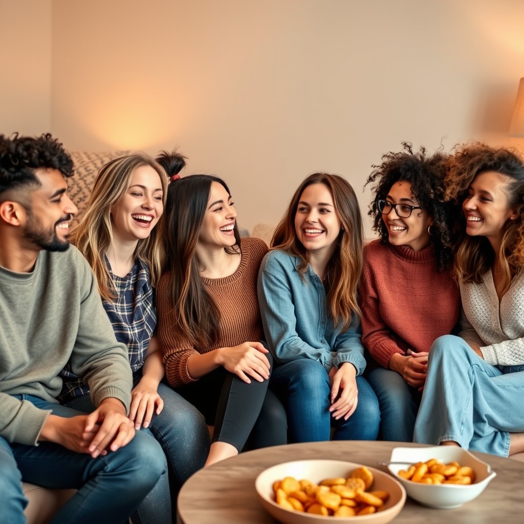 Capturing Joyful Moments: Friends in a Cozy Living Room