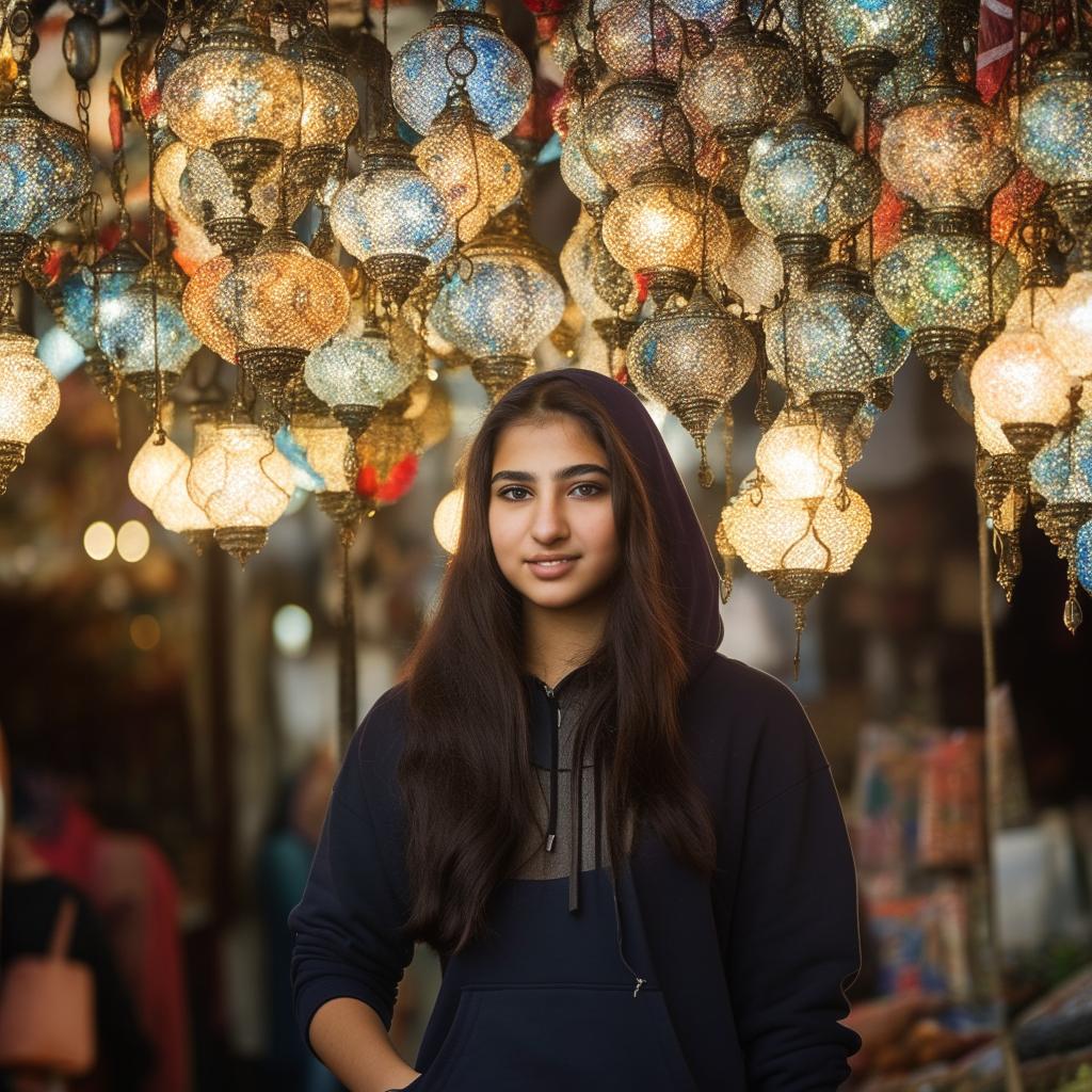 A beautiful teenage Turkish girl in a hoodie walking through a traditional Indonesian market.