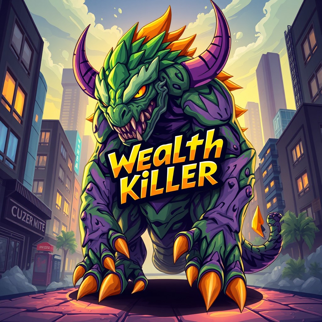 A detailed and vibrant illustration of a monster featuring a unique and bold 'wealth killer' logo emblazoned on its body