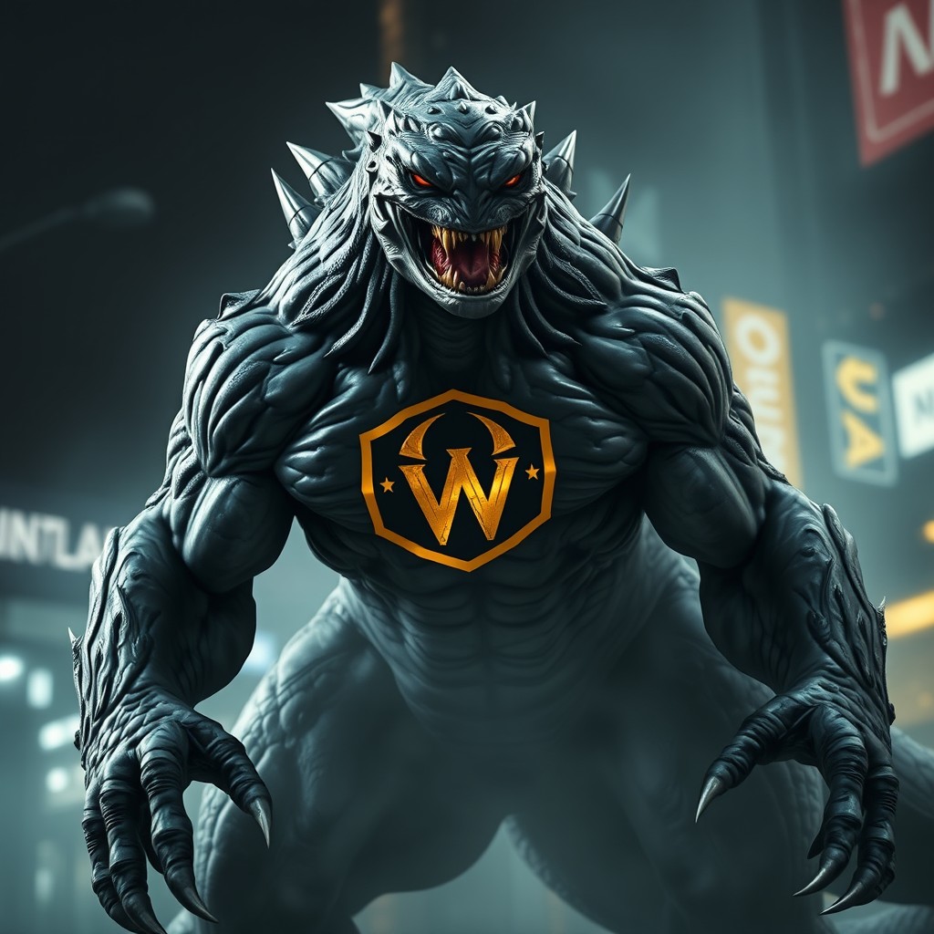 A realistic depiction of a monster showcasing a striking 'wealth killer' logo on its muscular body