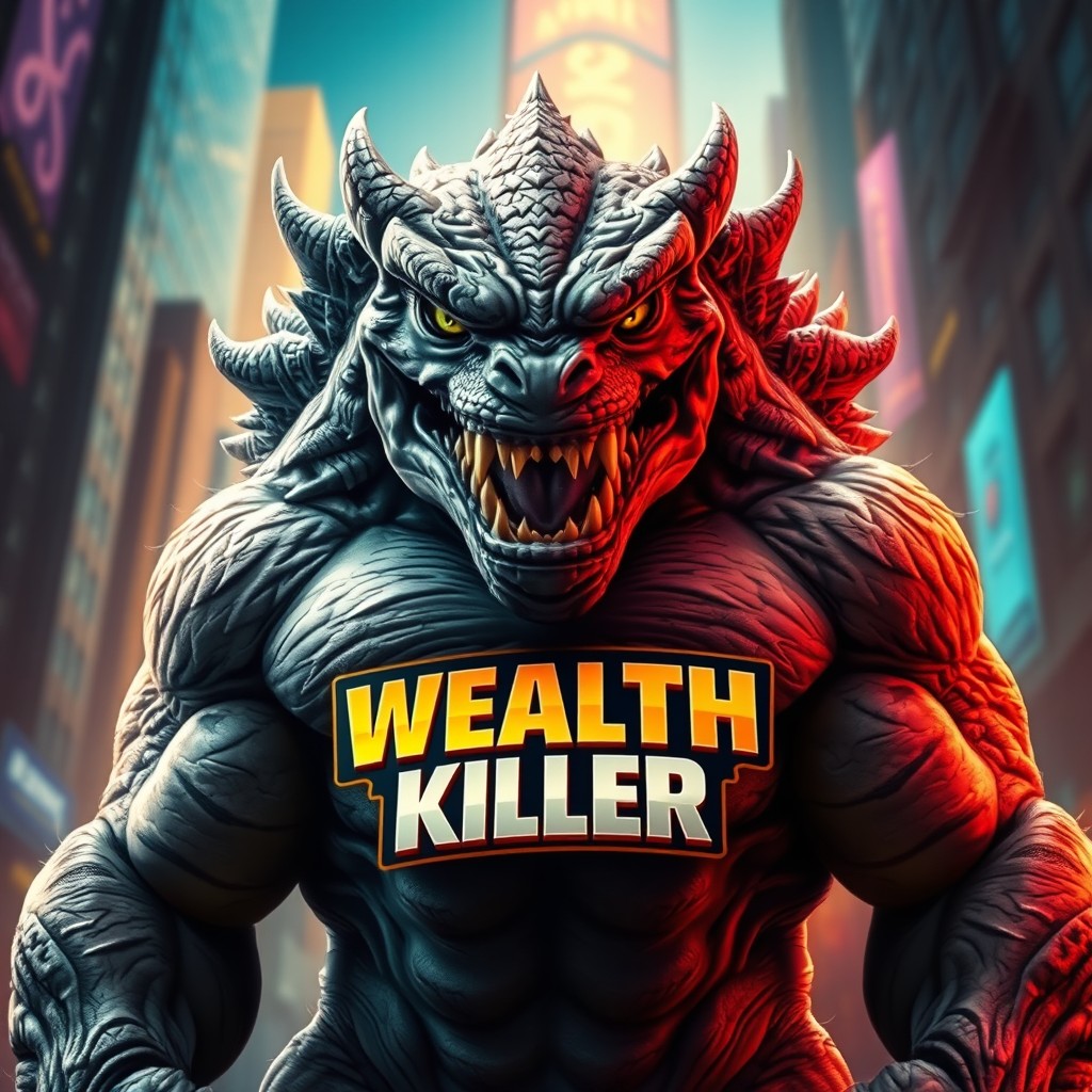 An eye-catching visual of a fierce monster prominently displaying a bold 'wealth killer' logo across its chest
