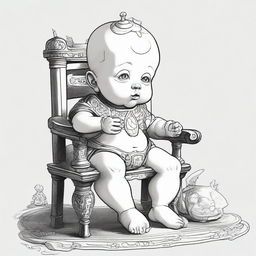 An imaginative illustration of a baby with the facial features of Archimedes, sitting on a small chair with intricate, epic designs.