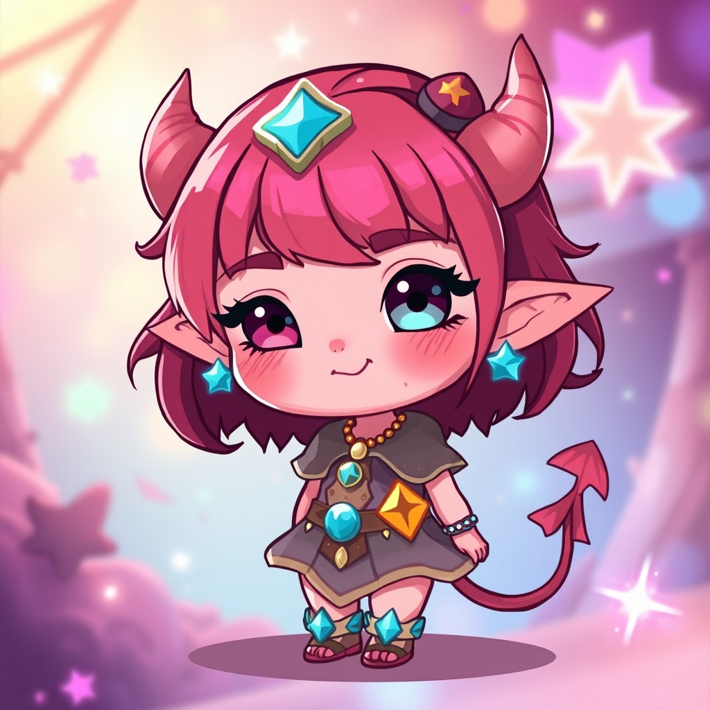A cute chibi-style pink-skinned Tiefling character, featuring darker pink hair and adorable features
