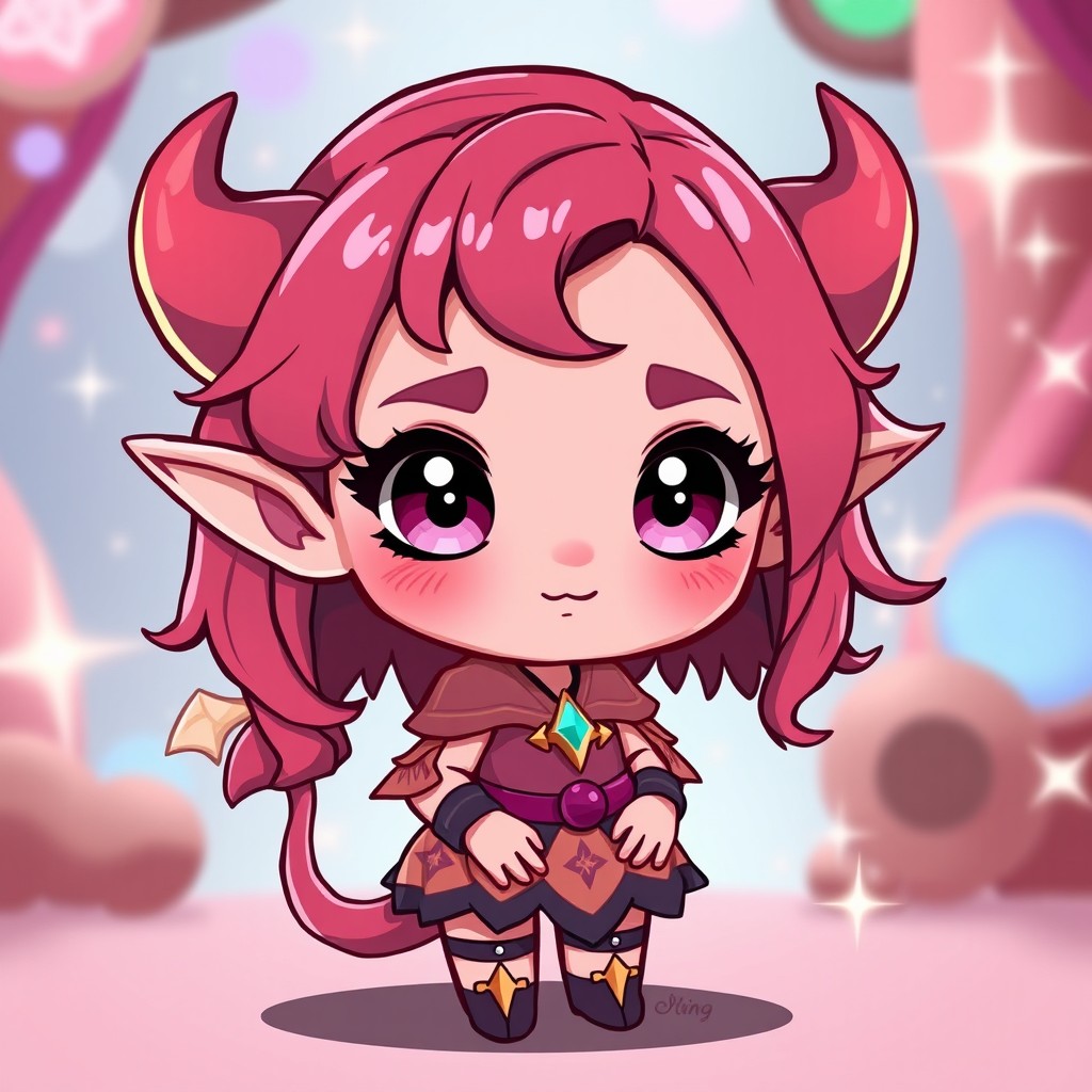 A chibi-style pink-skinned Tiefling character with darker pink hair, showcasing a cute and playful demeanor