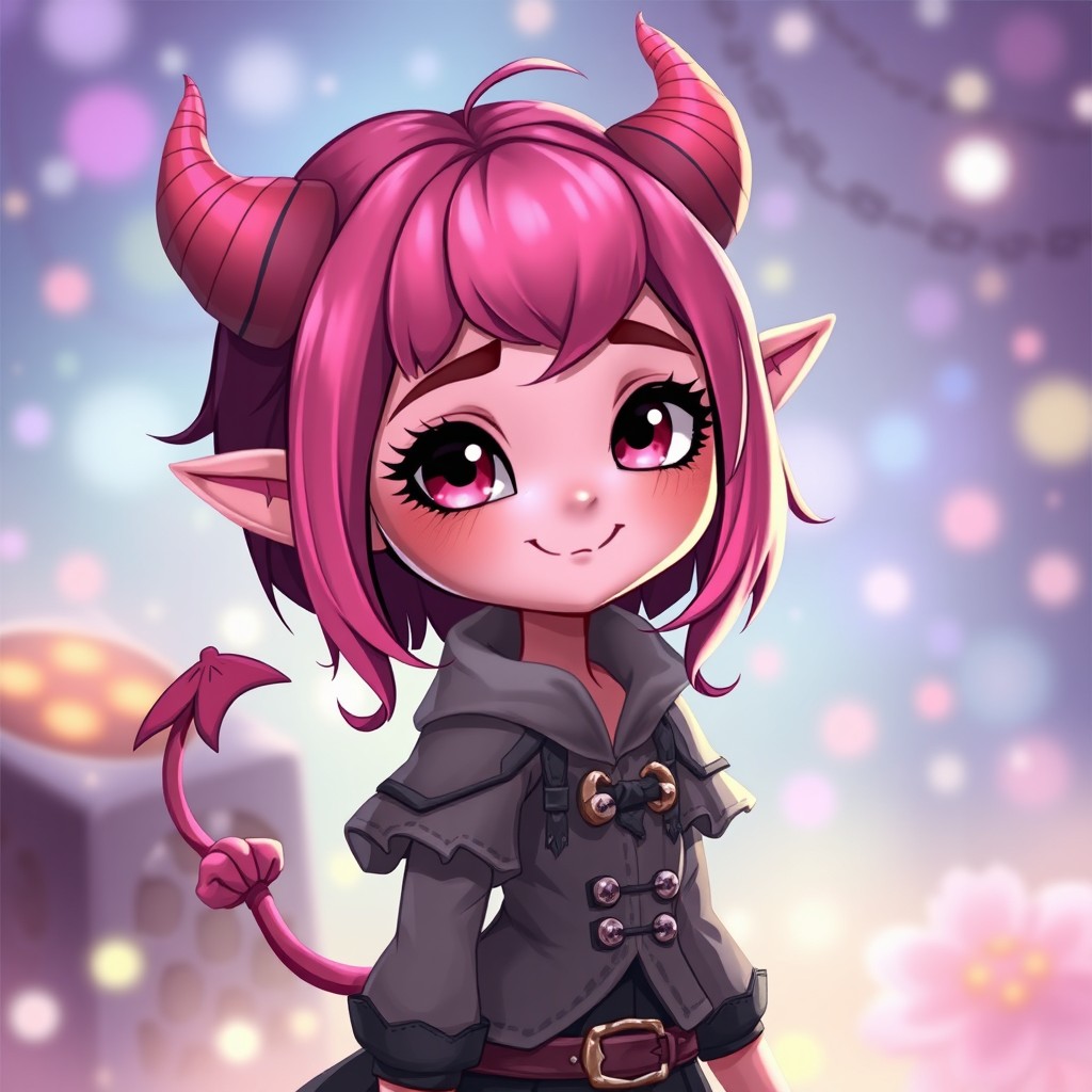 A charming Tiefling character with pink skin and darker pink hair, depicted in a cute and whimsical style