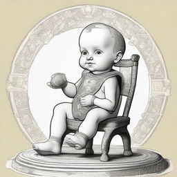 An imaginative illustration of a baby with the facial features of Archimedes, sitting on a small chair with intricate, epic designs.