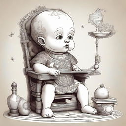 An imaginative illustration of a baby with the facial features of Archimedes, sitting on a small chair with intricate, epic designs.