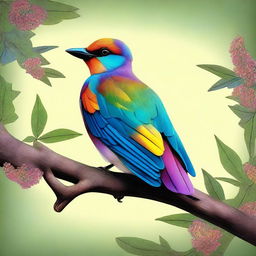 A high-quality digital art image featuring a bird perched on a tree branch