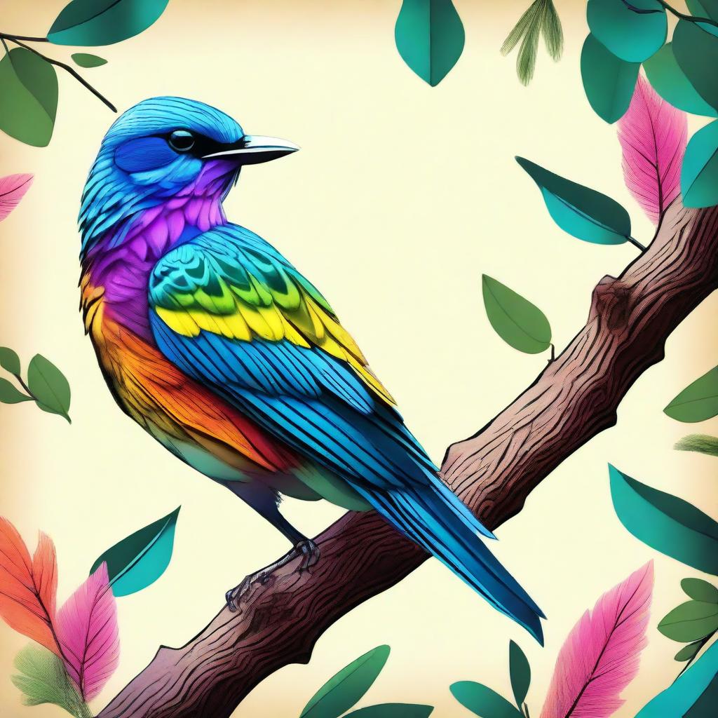 A high-quality digital art image featuring a bird perched on a tree branch