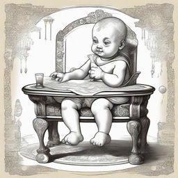 An imaginative illustration of a baby with the facial features of Archimedes, sitting on a small chair with intricate, epic designs.