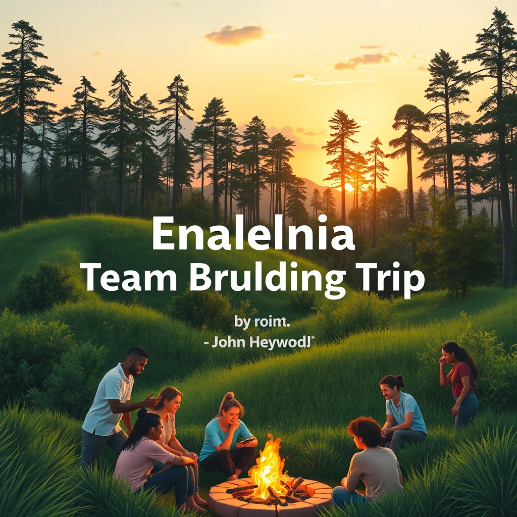 A serene and inspiring landscape featuring a diverse group of adults engaged in team-building activities in a lush outdoor environment