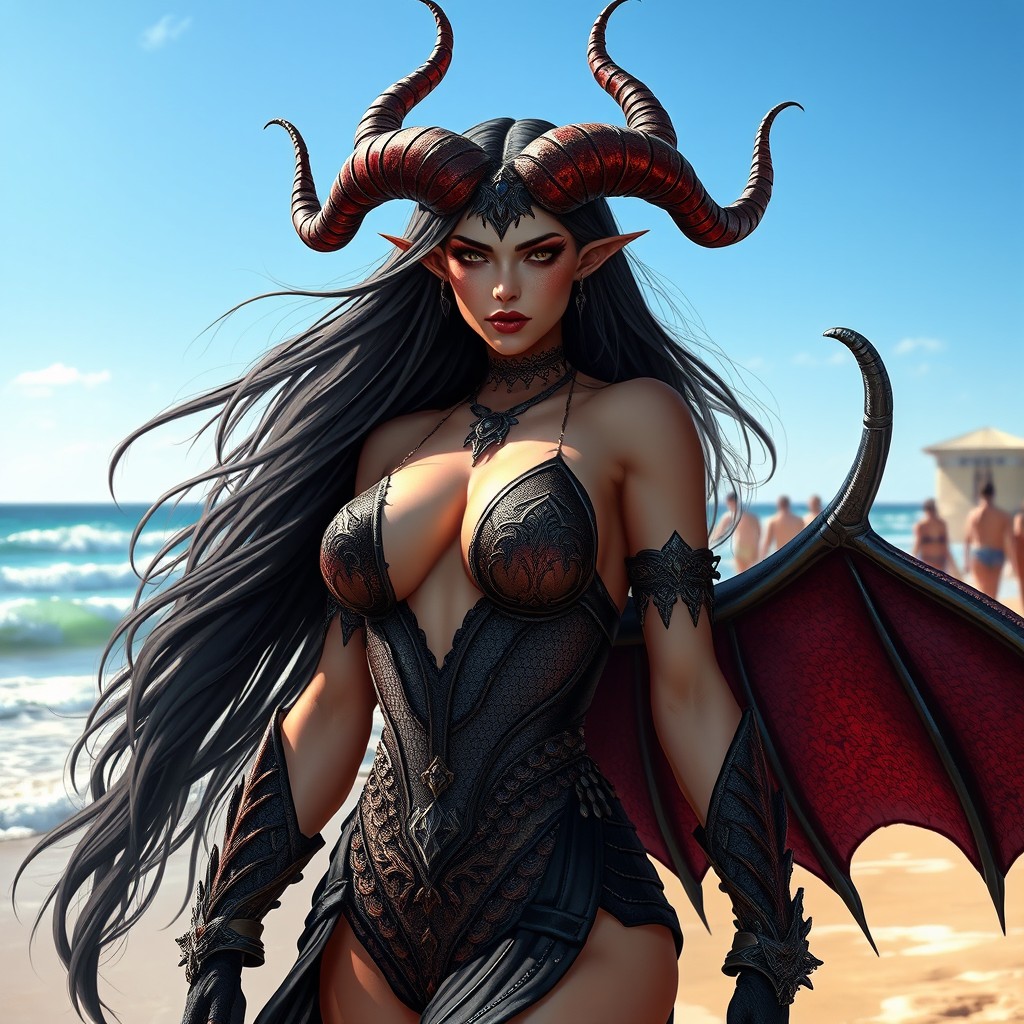 Lilith from Diablo 4 depicted as a powerful and alluring demoness on a vibrant beach, surrounded by vivid ocean waves and a clear blue sky