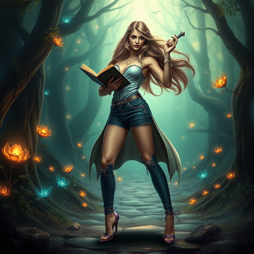 A powerful sorceress standing confidently with a mystical aura, wearing stylish short jeans and striking high heels