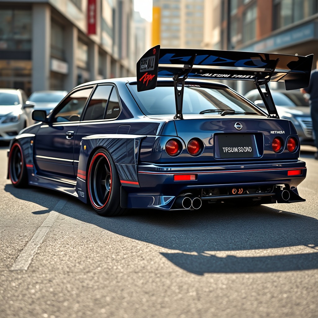 A sleek, customized Nissan Tsuru GSR 2000, designed with widebody modifications and a dramatic drift wing (alerón drift) prominently displayed on the rear