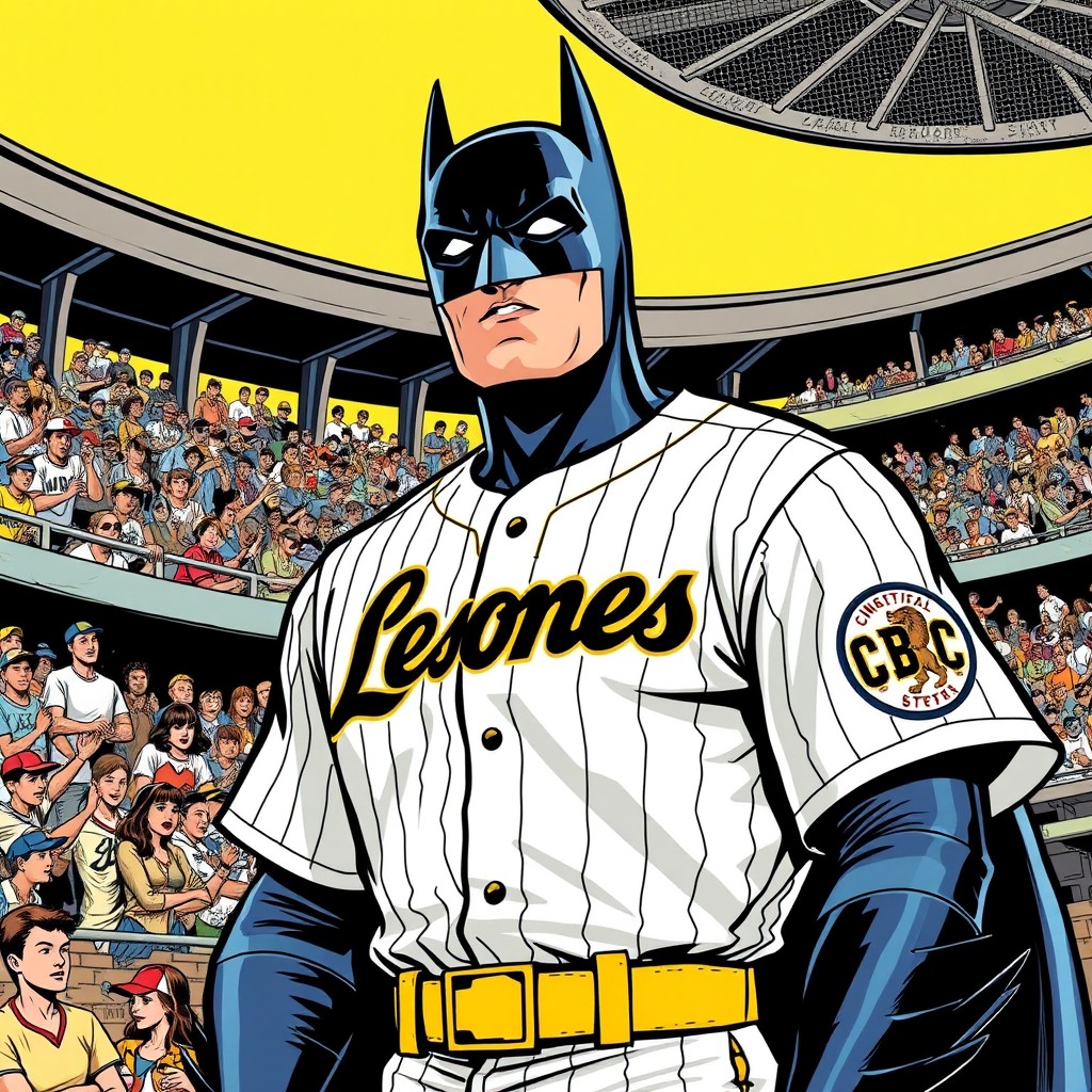 A vintage comic style illustration of Batman in a baseball stadium, wearing a white baseball jersey with black pinstripes