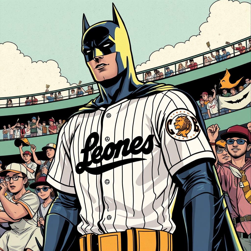 A vintage comic book style illustration of Batman standing in a baseball stadium, wearing a white baseball jersey with black stripes