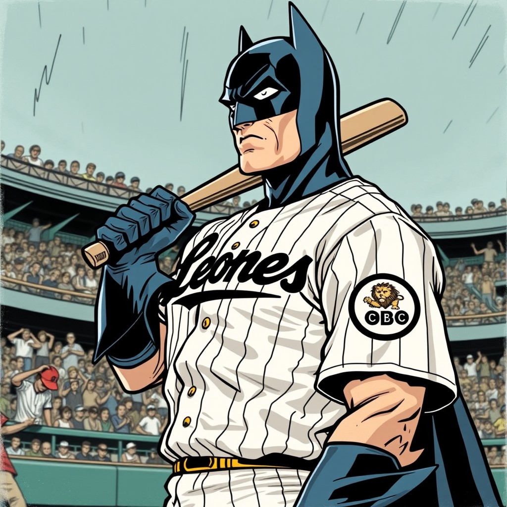 A vintage comic style illustration of Batman standing in a baseball stadium, preparing to bat