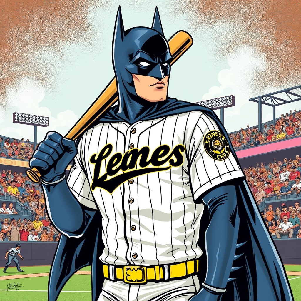 A vintage comic style illustration of Batman, standing in a baseball stadium, preparing to bat