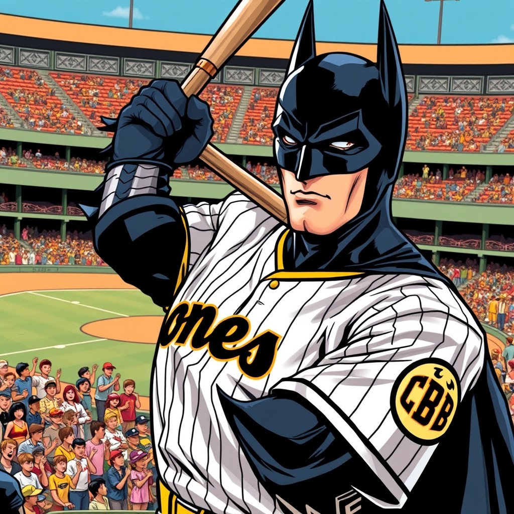 A professional vintage comic style illustration of Batman in a baseball stadium, preparing to bat