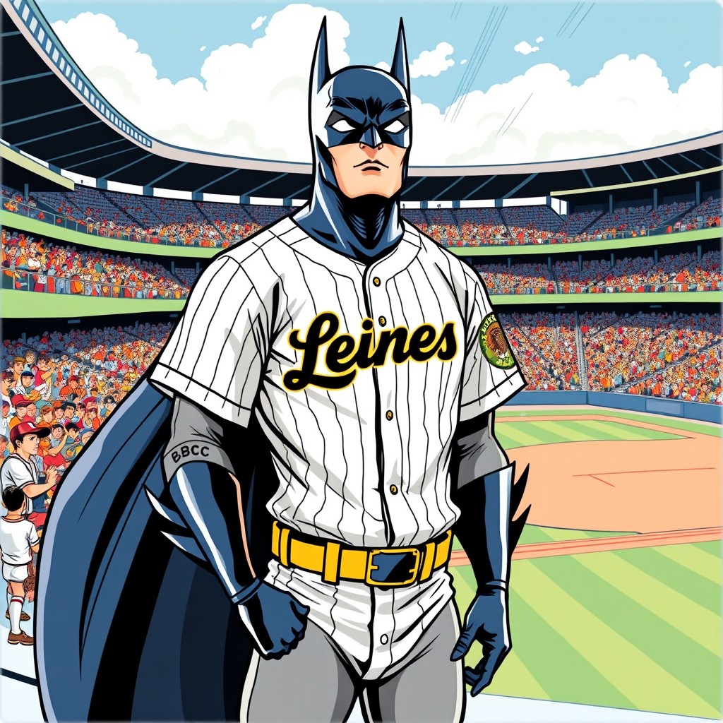 A vintage comic style illustration of Batman standing in a baseball stadium, wearing a white baseball jersey with black stripes featuring the word 'Leones' in black on the chest and yellow details